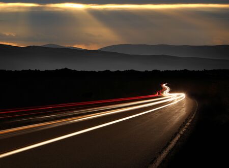 Night Time Car Light Trails in the Mountains