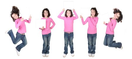 Many Poses of a Child Holding a Blank Sign for Your Textの写真素材