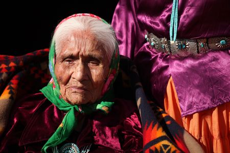 Portrait of Very Old and Wrinkled Navajo Woman Outdoorsの写真素材