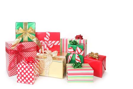 Christmas Gifts Wrapped up on White Background With Copy Spaceの写真素材