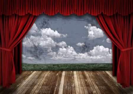Stage With Red Velvet Theater Curtains and Sky Backgroudの写真素材