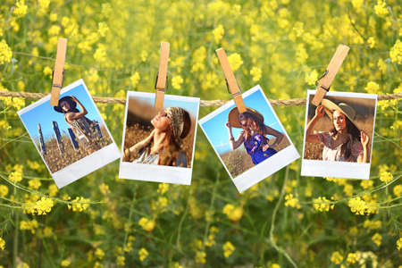 Film Portraits Hanging on a Rope Outdoors in the Countryの写真素材