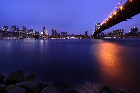 Brooklyn Bridge and Manhattan Skyline At Night, New York Cityの写真素材