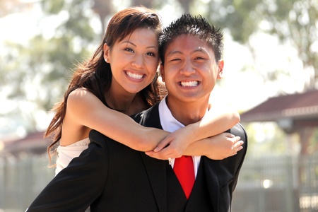 Asian American Wedding Couple Outdoorsの写真素材