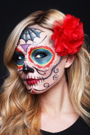 Stunning Blonde Woman With Painted Sugar Skull Artの写真素材
