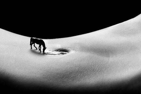 Image of a Woman's Stomach Transofrmed Into Landscape Artの写真素材