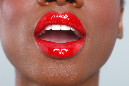 Sexy Beautiful Red Lips Makeup Detail With Sensual Open Mouthの写真素材