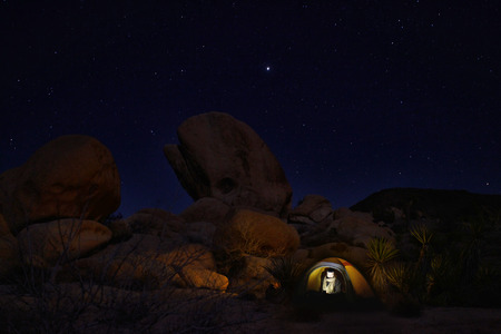 Colorful Night Camping in Joshua Tree National Parkの写真素材