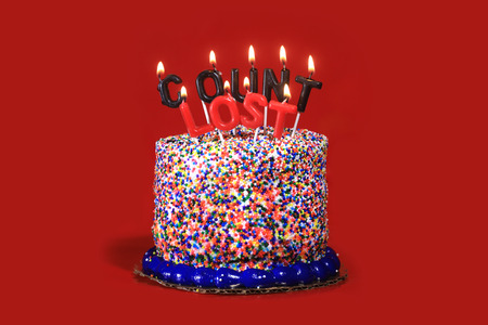 Happy Birthday Celebration Candles on Cake Red Background