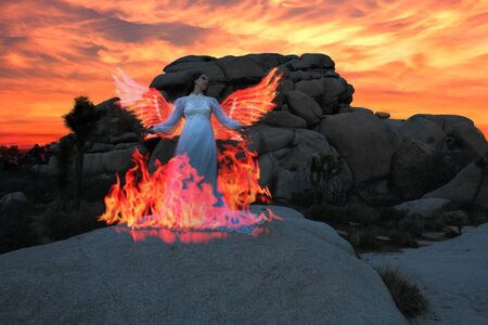 Girl Light Painted in the Desert Under the Night Skyの写真素材