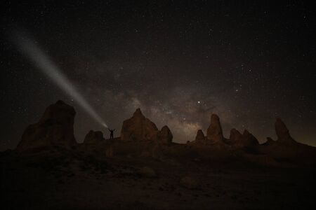 Camping at Night Under the Stars and Milky Way in Trona Pinnaclesの写真素材