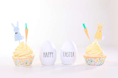 Easter Cupcakes Decorated Treats on White Backgroundの写真素材