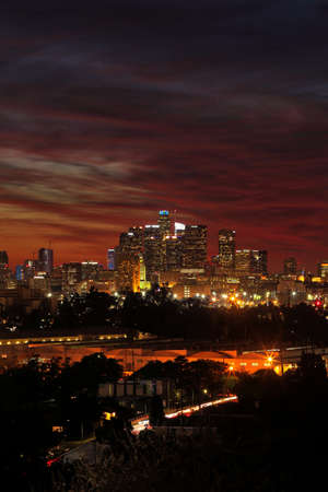 Fiery Sunset in Downtown Los Angeles, Southern Californiaの写真素材