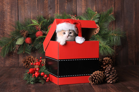 Playful Christmas Holiday Kitten in a Santa Gift Boxの写真素材