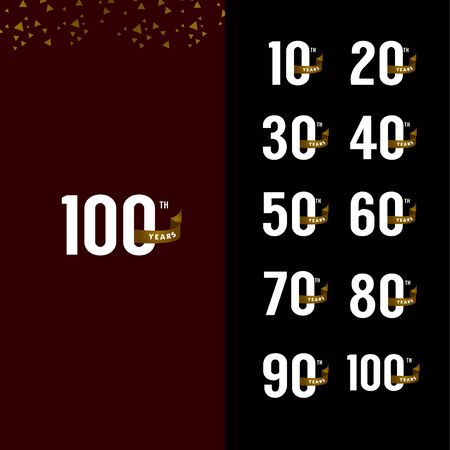 100 Years Anniversary Number With Gold Ribbon Set Celebration Vector Template Design Illustrationのイラスト素材