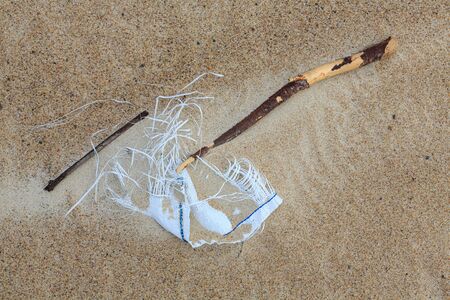 Remain of a big bag lying on a beachの写真素材