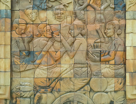 Brick wall carved pattern in Thailandの写真素材