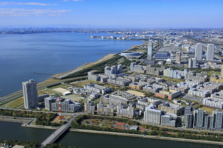 Suburban residential area, Makuhari condominium group, aerial photographyのeditorial素材