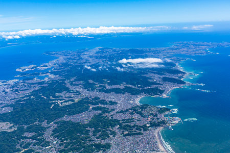 View of Miura Peninsula from the sky above Kamakuraの写真素材