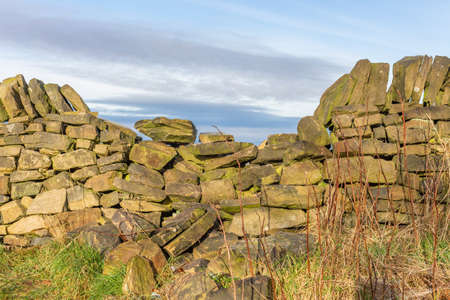 Traditional dry stone wall,  Werneth Low Country Park on the borders of Stockport and Tameside,  Greater Manchester, UK.の写真素材
