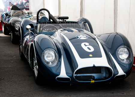 This photo was taken in Donnington, Leicestershire / United Kingdom - May 5, 2018: The front of a classic Lister racing car.のeditorial素材
