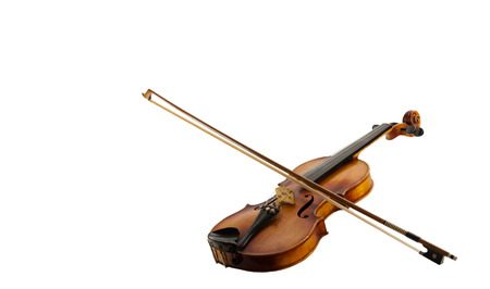 A Still life with a leaning fiddle with a bow on, isolated on white backgroundの写真素材
