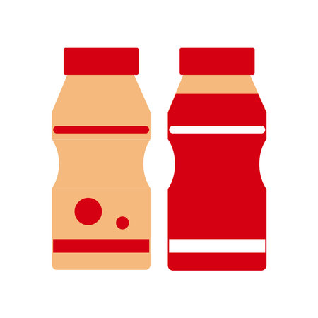 Set of yogurt drink bottle. The left one is a simple beige color, while the right one is wrapped in a red label.のイラスト素材