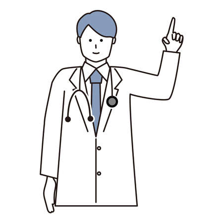 The doctor holds up an index finger and explains how lactobacillus beverages and probiotics work on the intestines.のイラスト素材