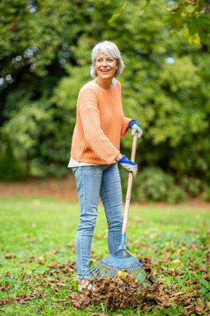 A senior woman with short gray hair, dressed in an orange sweater, jeans, and gloves, smiles while raking leaves in a gardenの写真素材