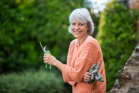 A senior woman with grey hair, wearing an orange sweater, smiles as she holds pruning shears and gardening gloves in her backyardの写真素材