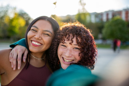 Two women smiling and hugging while taking a selfie outdoors in a park. They pose for the photo with a vibrant outdoor backgroundの写真素材