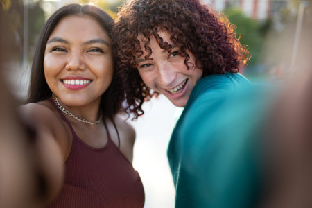Two young women smiling and taking a selfie outdoors. The close-up photo highlights their cheerful expressions and the natural lighting in the park setting, with a soft background blurの写真素材