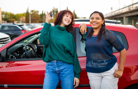 Two women standing beside a red car, smiling happily. One of them is holding car keys, appearing to celebrate a car purchase or new driving experienceの写真素材