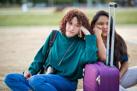 Two young women sitting on the ground outdoors, appearing thoughtful or tired. One is leaning on a purple suitcase, while the other rests her head on her handの写真素材