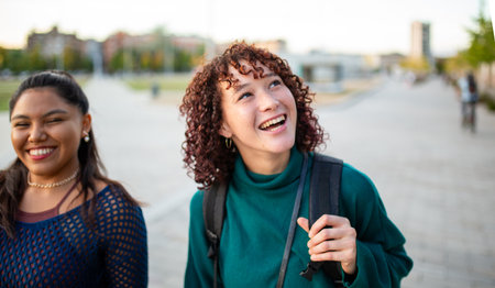 Two women are smiling and walking outdoors while carrying backpacks. The woman in the foreground is wearing a green sweater, while the woman behind her is dressed in a blue topの写真素材
