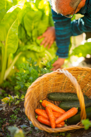 A person is over harvesting leafy greens in a garden, with a wicker basket filled with freshly picked carrots, cucumbers and zucchini nearbyの写真素材