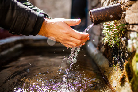 Close-up of a person's hands cupped together to collect water flowing from a rusted outdoor pipeの写真素材