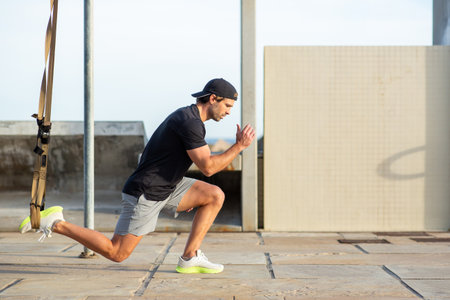 Athletic man in black and gray sportswear doing a single-leg lunge with one leg supported by...
