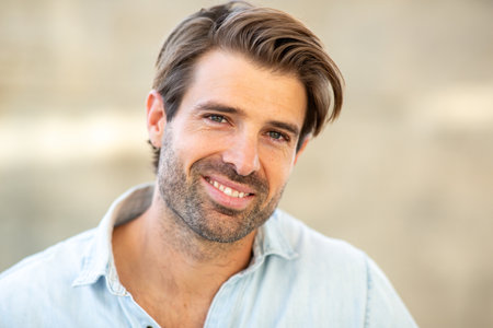 Close-up of a smiling man with a beard and styled hair wearing a denim shirt, captured in natural...