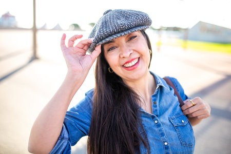 A cheerful woman wearing a denim shirt and a tweed cap adjusting her hat while standing in an...