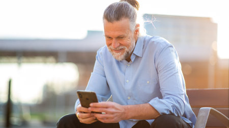 Older man seated casually on a bench, happily engaged with his smartphone in a bright, sunlit urban settingの写真素材