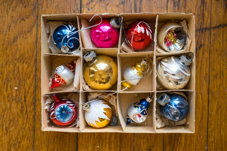 Vintage Box of Christmas Ornaments in Original Packagingの写真素材