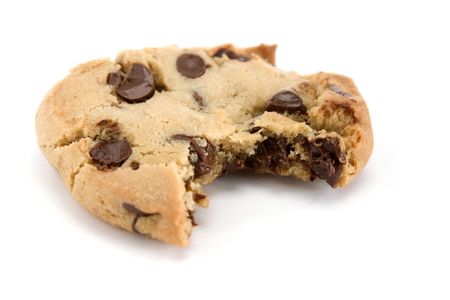 Single chocolate chip cookie with a single biteの写真素材