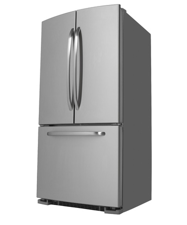 Modern Stainless Steel Three-Door Refrigerator Facing Leftの写真素材