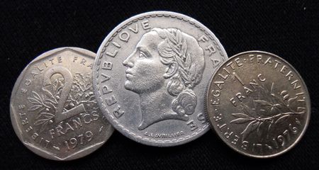           franc trio 3 franc coins of different values all in rxcellent conditionの写真素材