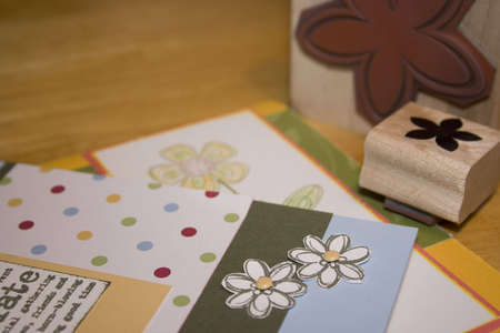 homemade handstamped greeting cards and scrapbooking projectsの写真素材