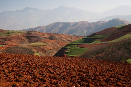 Panoramic view of chinese agriculture landscape with mountains and hills in the morning.の写真素材
