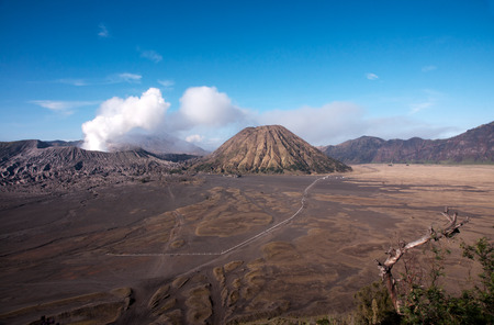 Mount Bromo, an active volcano with clear blue sky at the Tengger Semeru National Park in East Java, Indonesia.の写真素材