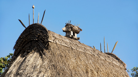 Rooftop detail Bena traditional village with grass huts of Ngada people in Flores near Bajawa, Indonesia.の写真素材