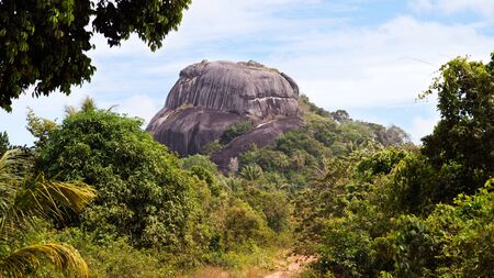 Big black rock in between green vegetation at midday and nobody around on the island Belitung, Indonesia.の写真素材